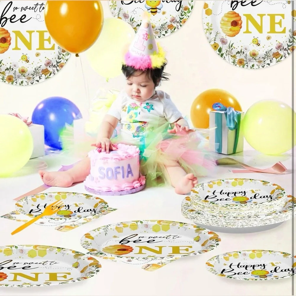96Pcs Bee 1st Birthday, Plates & Napkins Tableware Sets, Party Decorations - NWT